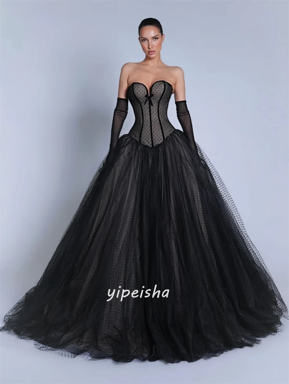 Abiti lunghi personalizzati di alta qualità con fiocco in tulle increspato a trapezio con scollo a cuore Abiti da cerimonia su misura Taglie disponibili Classici