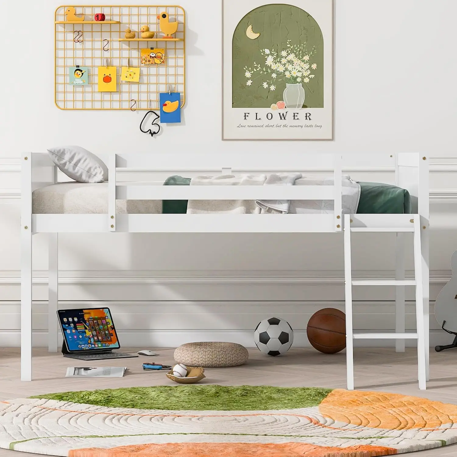 Lit Loft Complet pour Enfants, Lit Loft Bas Complet, Lit Loft en Bois avec Échelle pour Garçons et Bol, Book ine Taille, Blanc