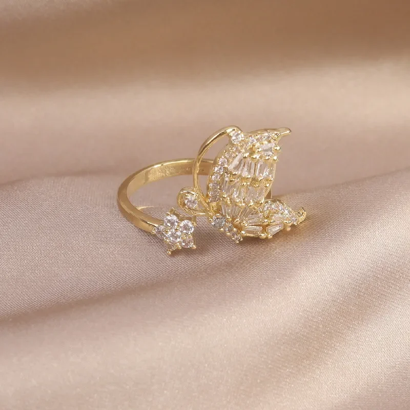 Korea New Design Fashion Jewelry  Real Gold Plating Flower Bee Zircon Ring Elegant Women's Daily Opening Adjustable Ring