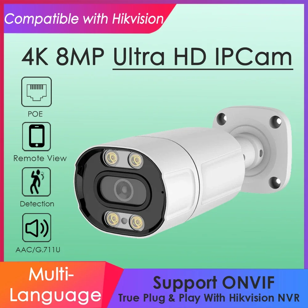 

4K 8MP 5MP POE IP Camera CCTV RTMP Hikvision Compatible Full Color IR Motion Detect for Home Security Cam Outdoor Onvif AAC H265