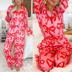 Women's Autumn and Winter New Long Sleeved Printed Lapel Set, Sweet Casual Loose Fitting Home Two-piece Set