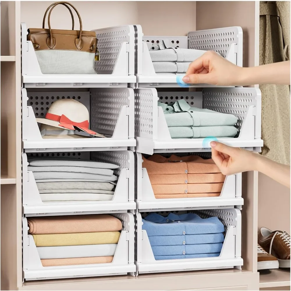 5 Pack Folding Closet Organizers Storage Box, Stackable Plastic Storage Basket, Closet Organizers and Storage Drawer Shelf Stora