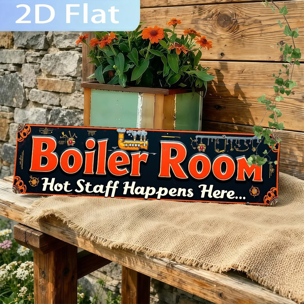 2D Flat, Vintage Boiler Room, Hot Staff Happens Here Metal Sign , UV Printed Wall Art, Durable Decoration