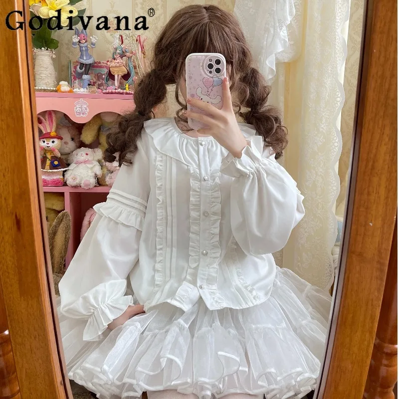 

Japanese Original Lolita Shirt Girly Sweet Cute Loose Elegant Long-sleeved Doll Collar Ruffle Edge Blouses Autumn Bottoming Top