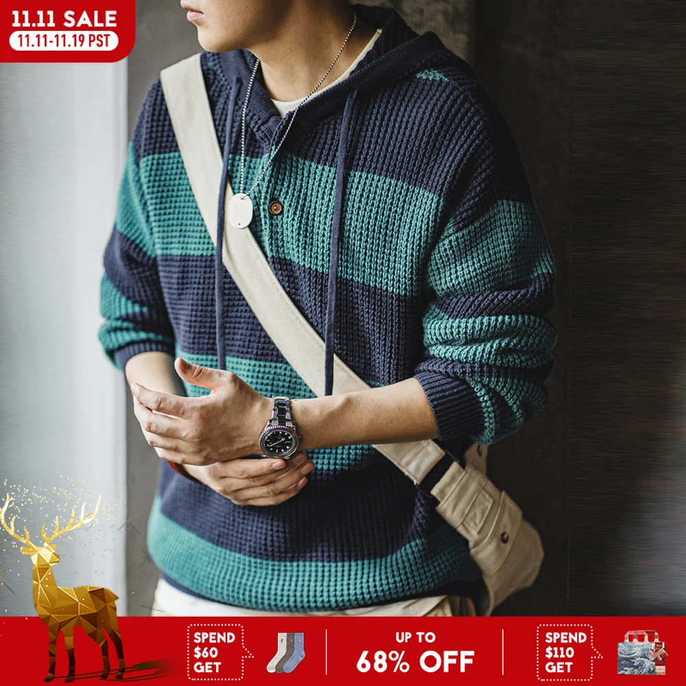 

Maden Повседневная полосатая вязаная толстовка с капюшоном для мужчин, свободный пуловер, свитер с деревянными пуговицами, студенческий стиль, осенние и зимние топы