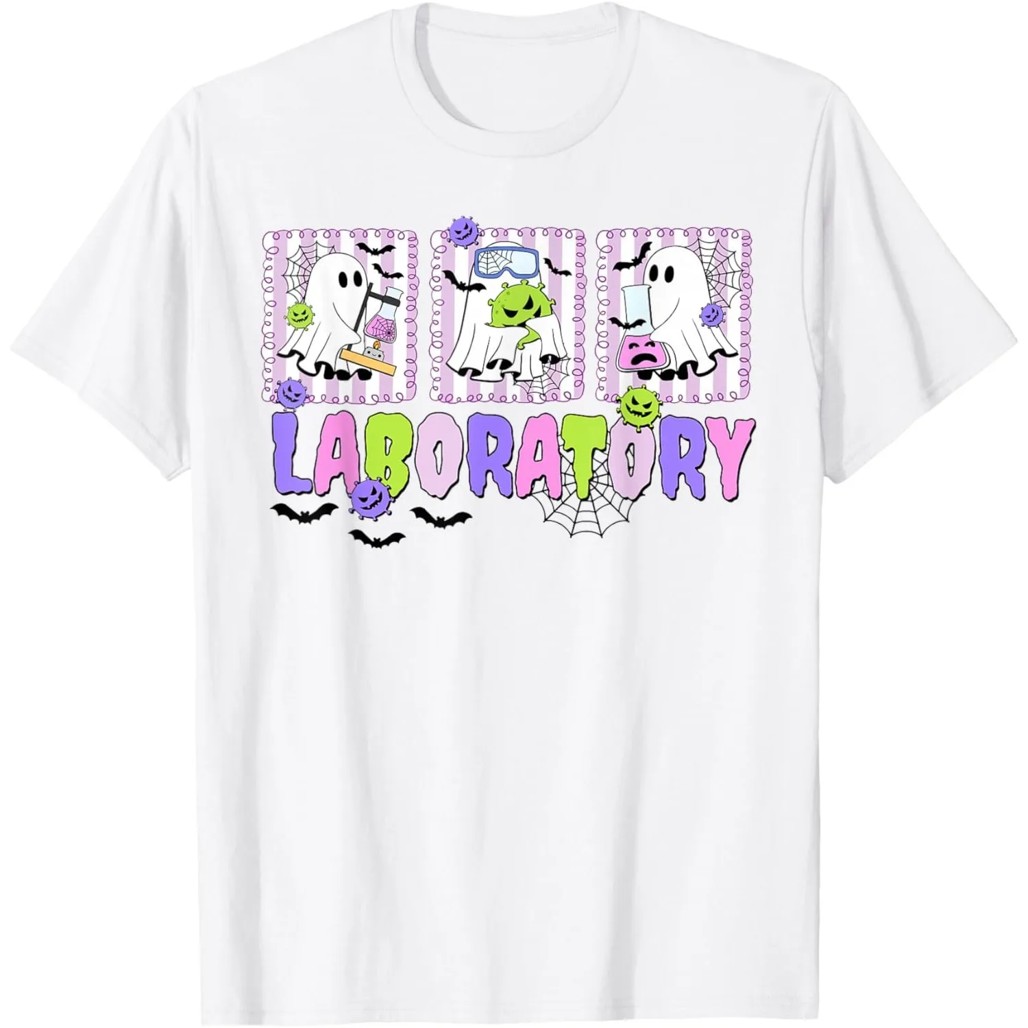 

Spooky Laboratory Ghost Halloween Science Graphic Tee Cute Cartoon Style T-Shirt for Men