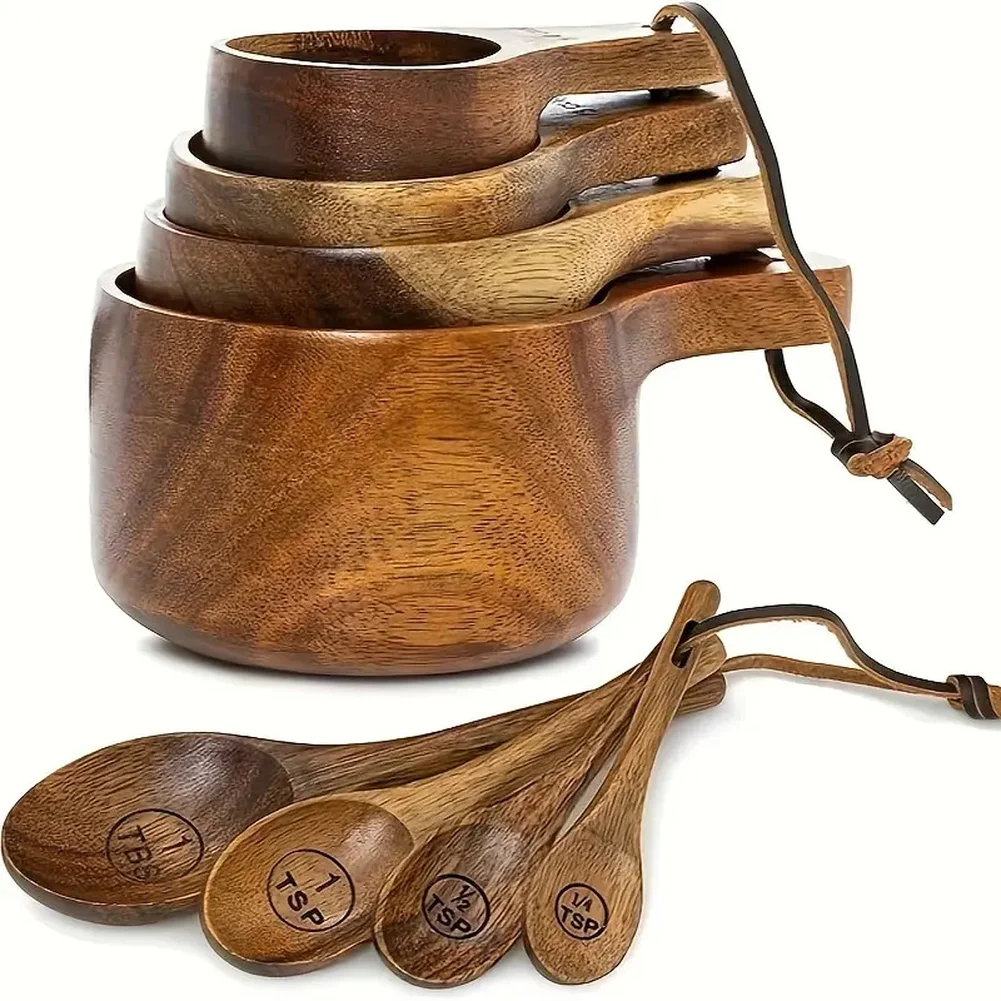 Kitchen Gadgets Wooden Measuring Spoon And Cup Set For Acacia Beech Wood 8-Piece With Engraved Markings Brown 13.5 X 8.5 X 6 Cm