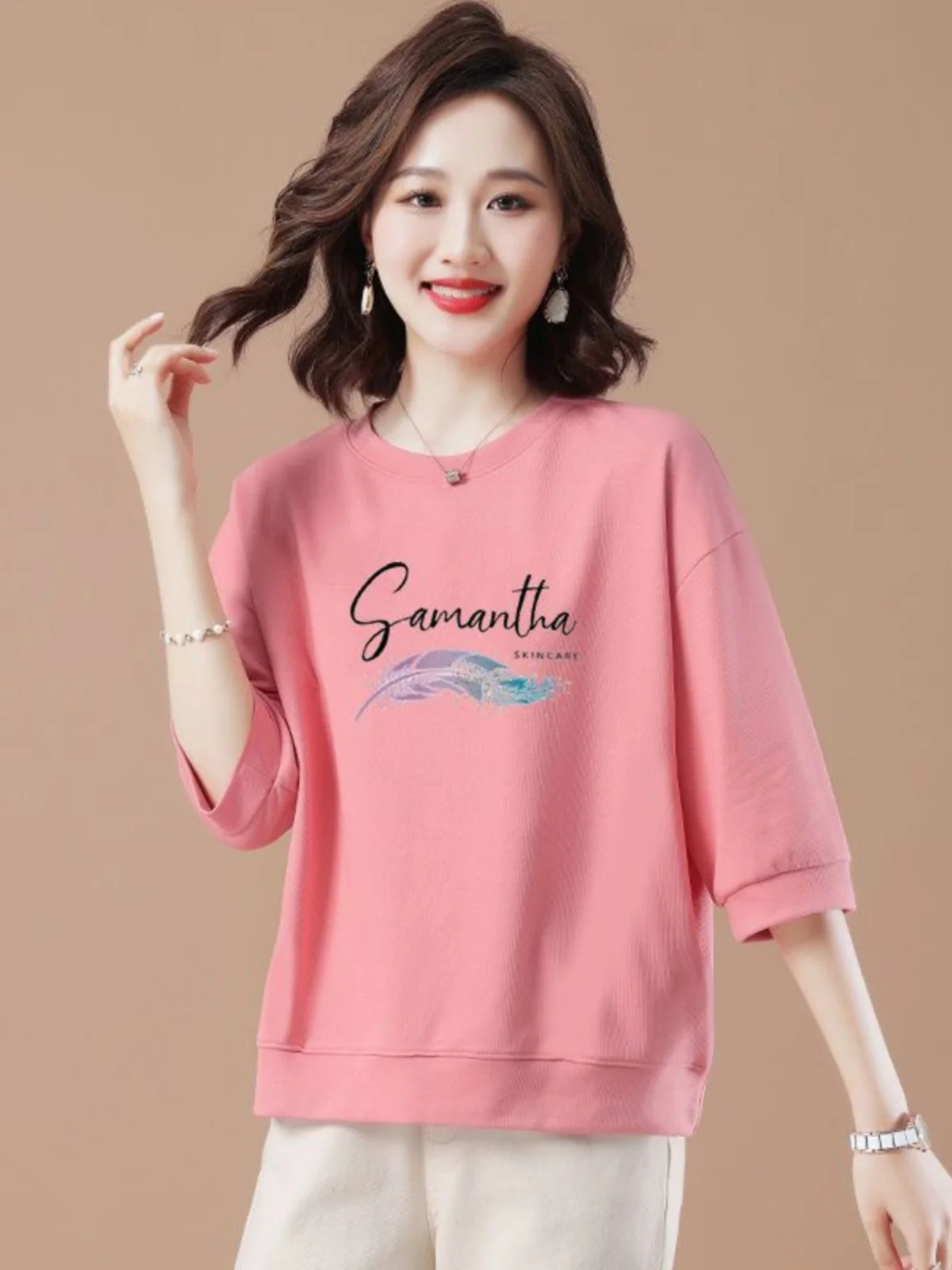 

Cotton Blend Summer round Ne Sweatirt Women's Loose Fit Seven Sve Thin T-irt Spring Summer Commute Sle Casual Top