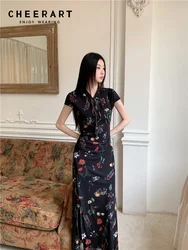 CHEERART Black Floral Vintage Cheongsams Mesh Long Dress 2024 Women A Line Tunics Ladies Modest Summer Midi Dresses