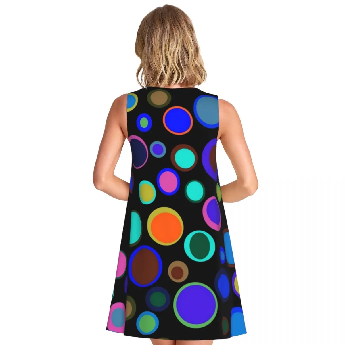 Colorful Circles Print Casual Dress Rainbow Polka Dots Sleeveless Trendy Dresses Women O Neck Dress Summer Pattern Vestido