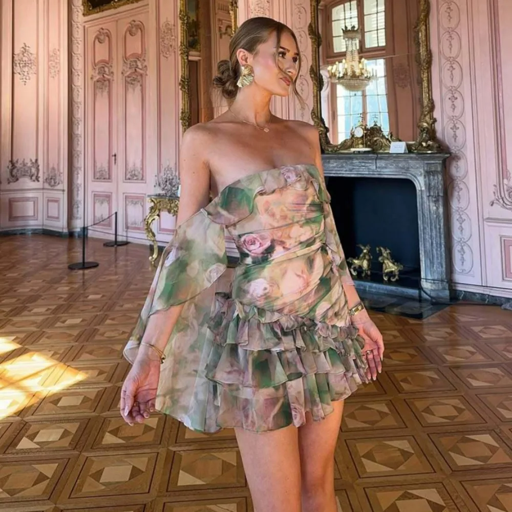 Y2K шифоновое платье с рюшами для женщин, модный принт, мини-трапеция, праздничные вечерние платья, летнее сексуальное платье без бретелек с открытой спиной, 2025 Y2K шифоновое платье с рюшами для женщин, модный принт, мини-трапеция, праздничные вечерние платья, летнее сексуальное платье без бретелек с открытой спиной, 2025