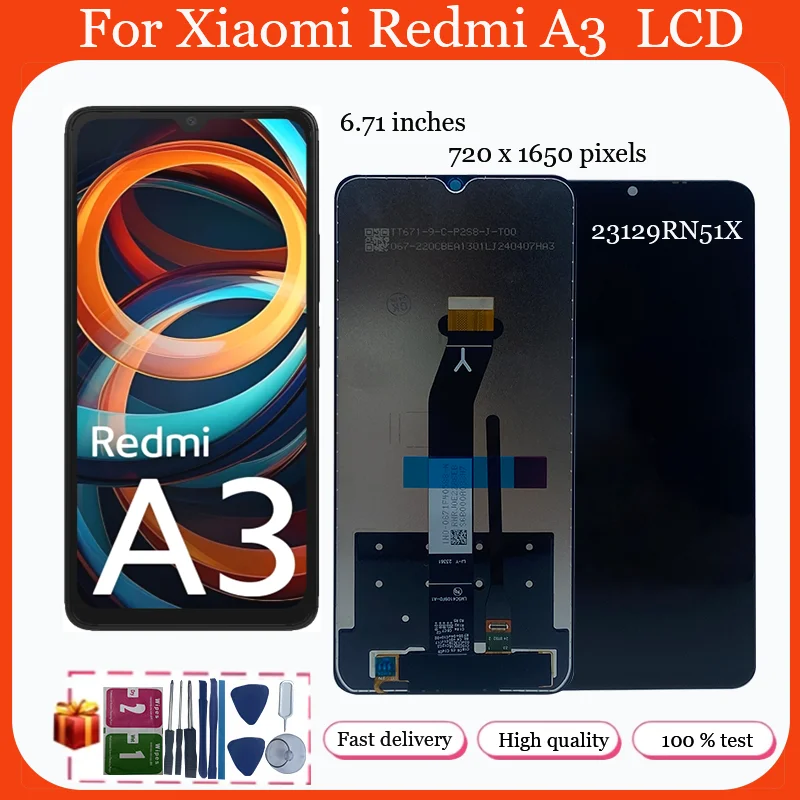 

100% протестированный экран дисплея для Xiaomi Redmi A3 23129RN51X, ЖК-дисплей, сенсорный экран, дигитайзер в сборе, замена