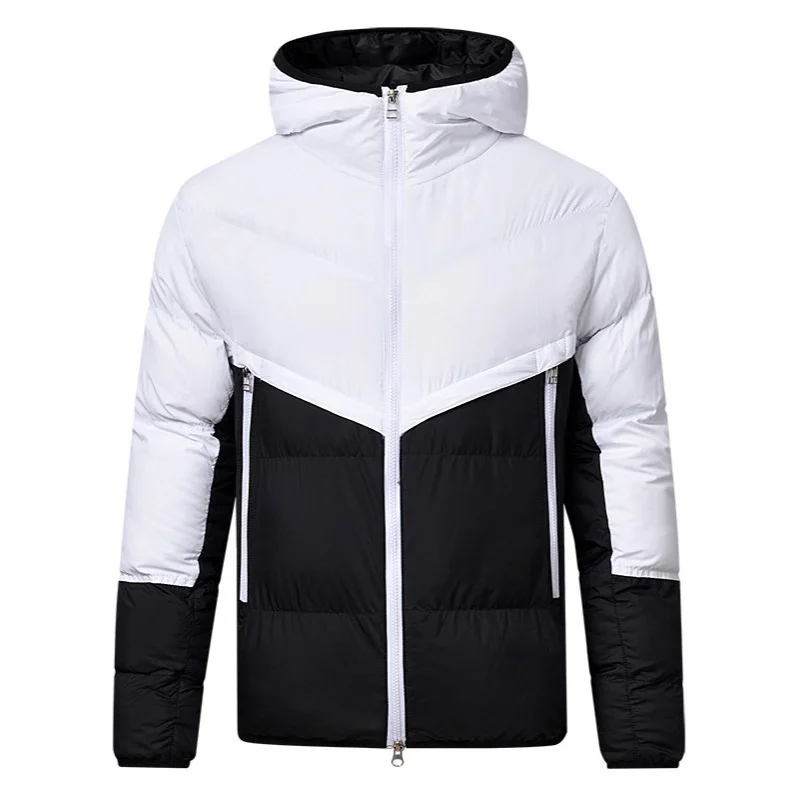 Man Winter Down Coat Fashion Contrast Color Patchwork Male Jacket Thicken Warm Soft Long Sleeve Pocket Hooded Men Outerwear