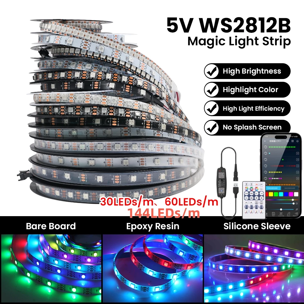 Bluetooth 5V WS2812B Individueel Adresseerbare Slimme Pixels RGB LED Strip 5050 30 60 96 144 Leds/M Flexibele Lint Lichtslang