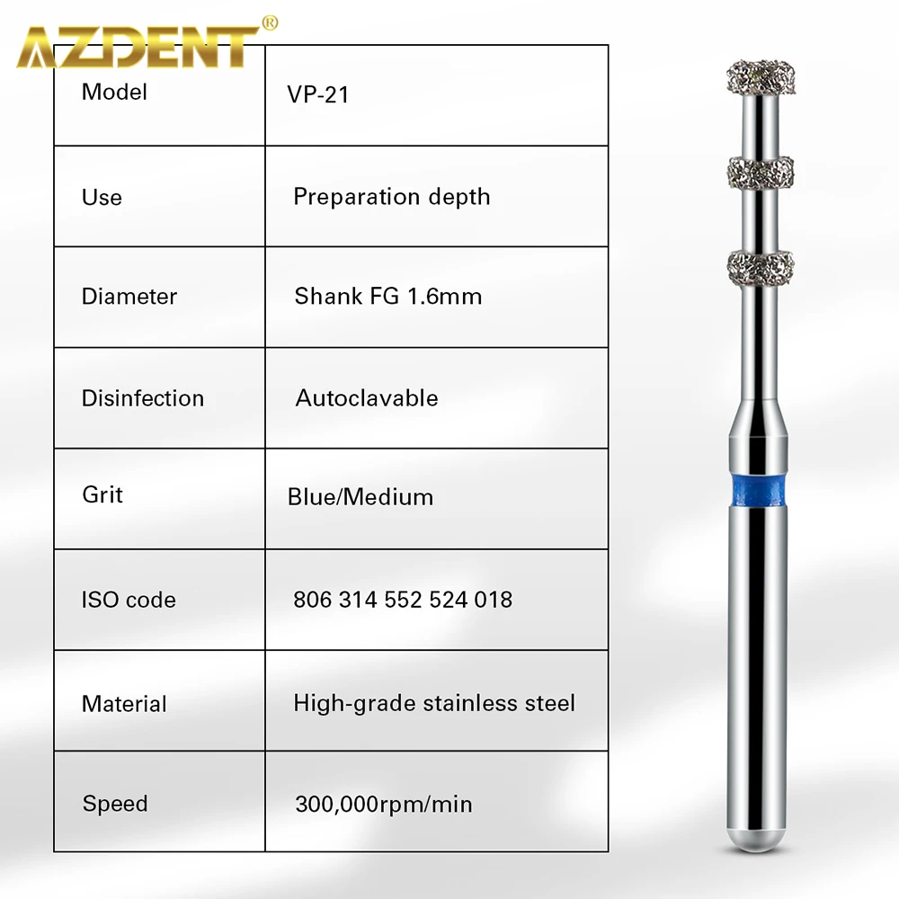 AZDENT-fresas de diamante FG para odontología, VP-21 de profundidad, grano medio, pieza de mano de alta velocidad, máximo 1,6 rpm/min, 10