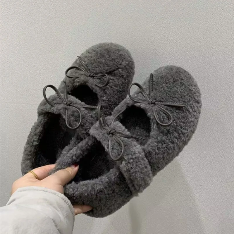 

Women Fur Flats Shoes Bow Suede Casual New Loafers Fashion 2025 Trend Winter Short Plush Walking Shoes Woman Sneakers Zapatos