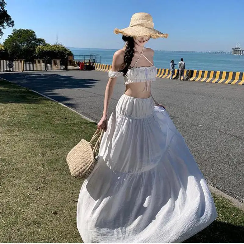 

Summer Bohemian White Beach Skirts 2 Piece Sets Women Outfit Fashion Corp Top And High Waist Long Skirt Sexy Party Two-piece Set