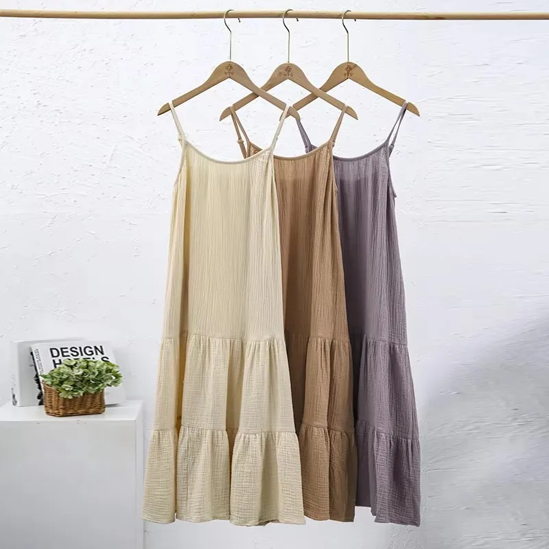 Muslin 100% Cotton Gauze Elegant And Pretty Women\'s Dresses Sexy V-Neck Sleeveless Ruffles Chic Dress Holiday Beach Sundress