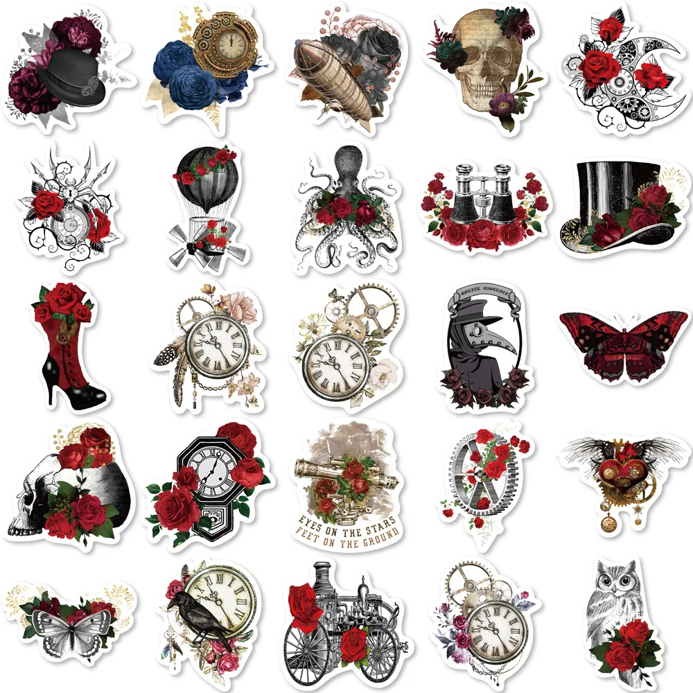 10/30/50PCS Retro Skull Rose Waterproof Graffiti Sticker Aesthetic Decorative Luggage Laptop Guitar Diary Scrapbook Kid Stickers