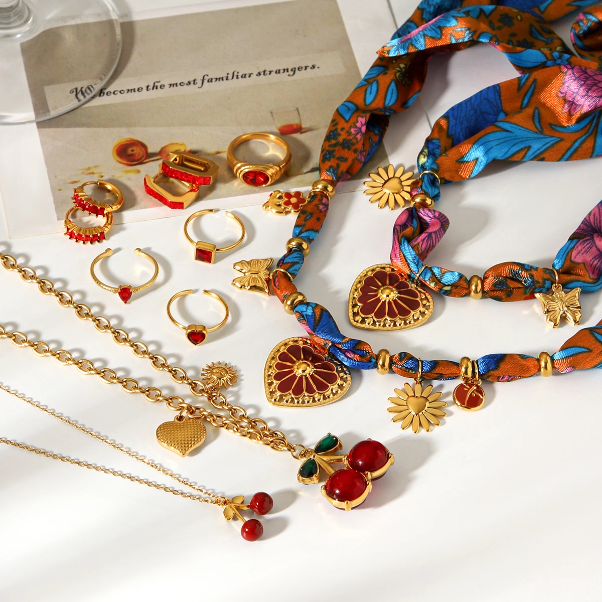 

Retro Red Resin Pendant Sweater Chain Women's Necklace Ring Bracelet Earrings 18K Gold Plated Stainless Steel Jewelry Set