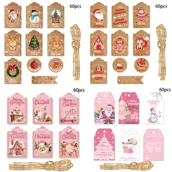60Pcs Christmas Gift Tags Pink Vintage Paper Labels Hang Tag Kraft Paper Hanging Labels Xmas Gift Wrapping Home Party Decoration