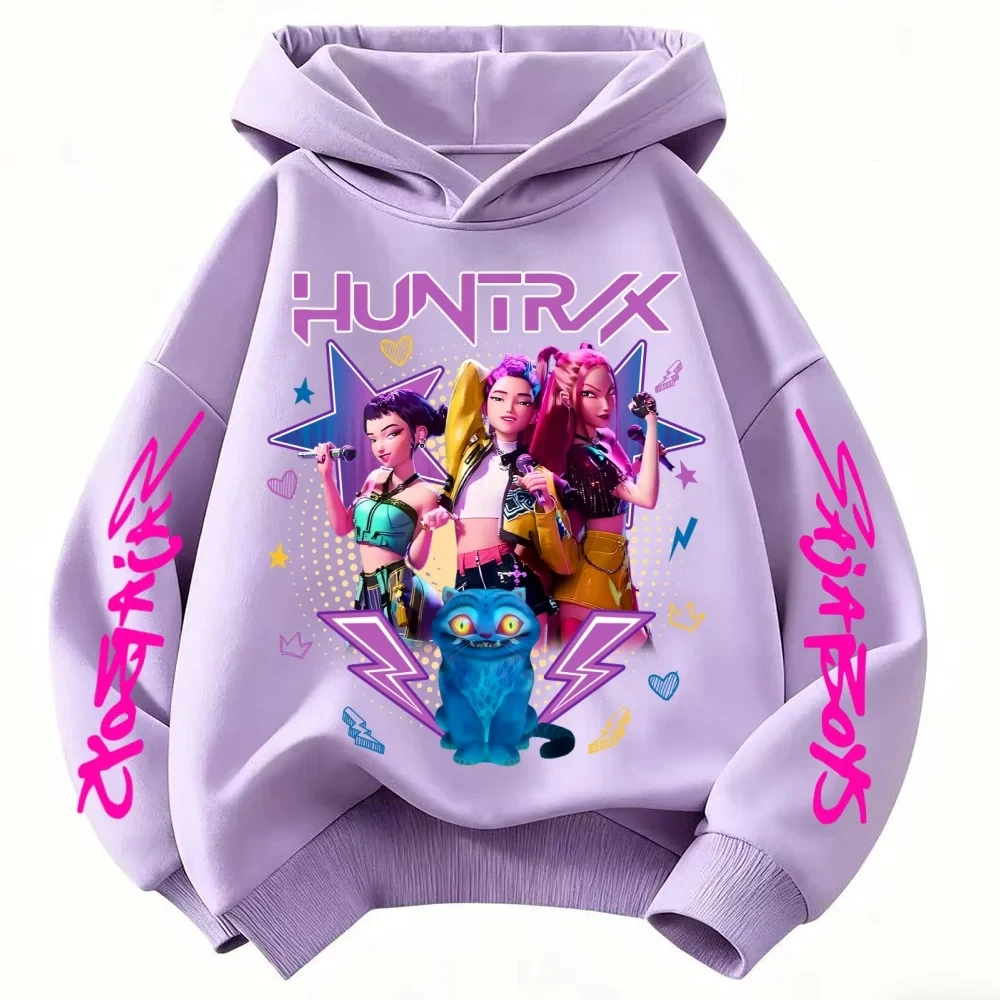Niedlicher Cartoon-Hoodie für Jungen und Mädchen, Hunter Rumi Derpy, warm und dick, modisches Freizeit-Oberteil, bedrucktes lila Sweatshirt
