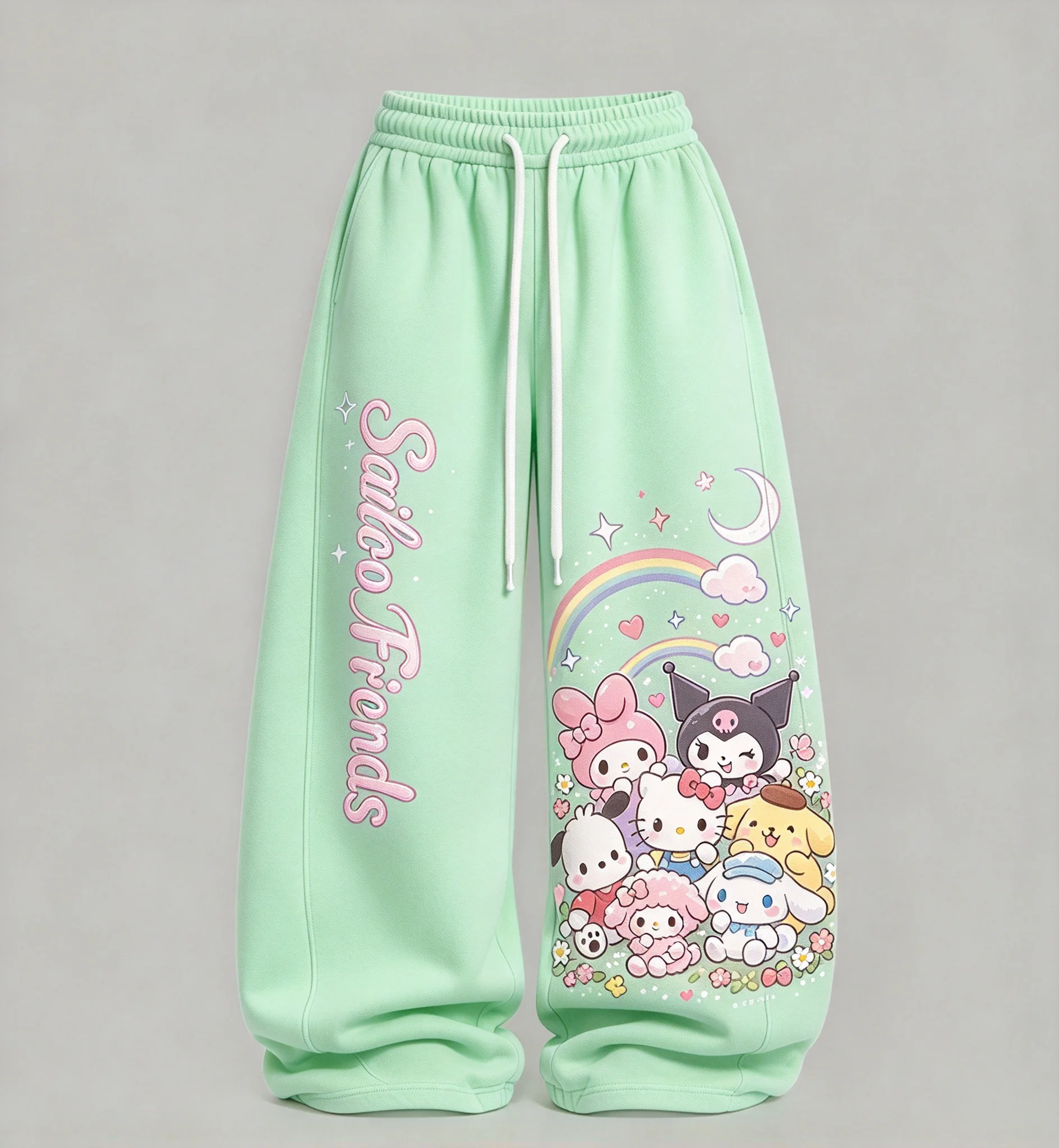 Cute My Melody Kuromi Hello Kitty Print Women Wide Leg Pants Loose Drawstring Trousers KawaiiGirls Casual Sport Pants Streetwear
