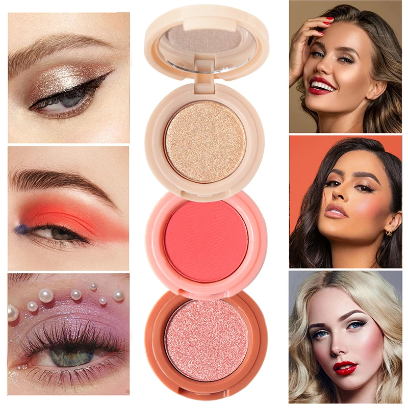 Rouge-und Textmarker-Kit, 3-in-1-Make-up-Puder-Palette Schimmer-Bronzer, orange & rosa matte Rouge-Glow-Face-Palette