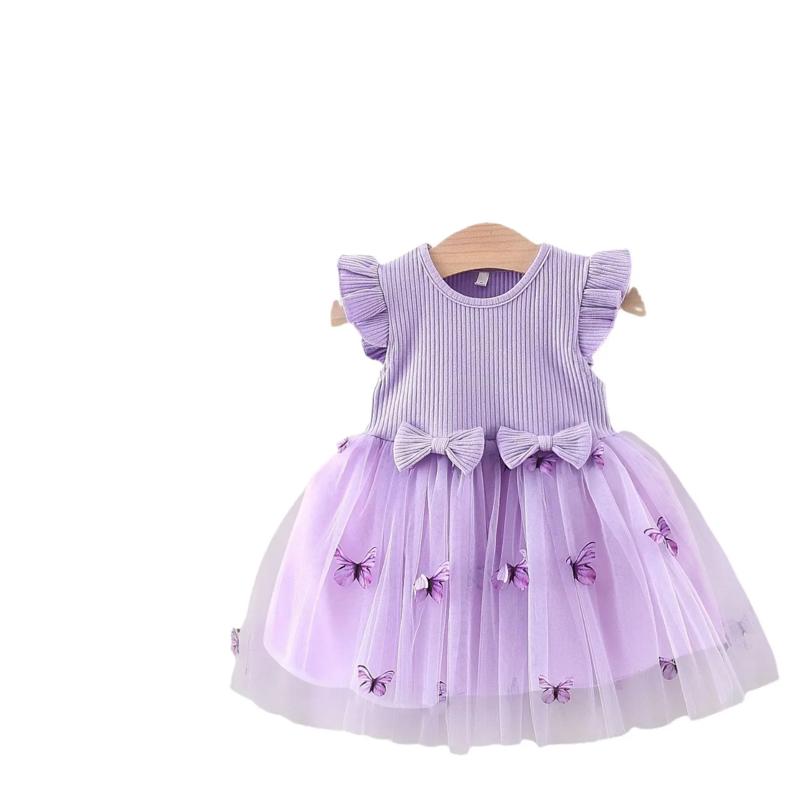 Toddler Girls Dress Flower Embroidery Bowknot Round Neck Fly Sleeve Casual Dress Kids Summer Princess Dress Clothing