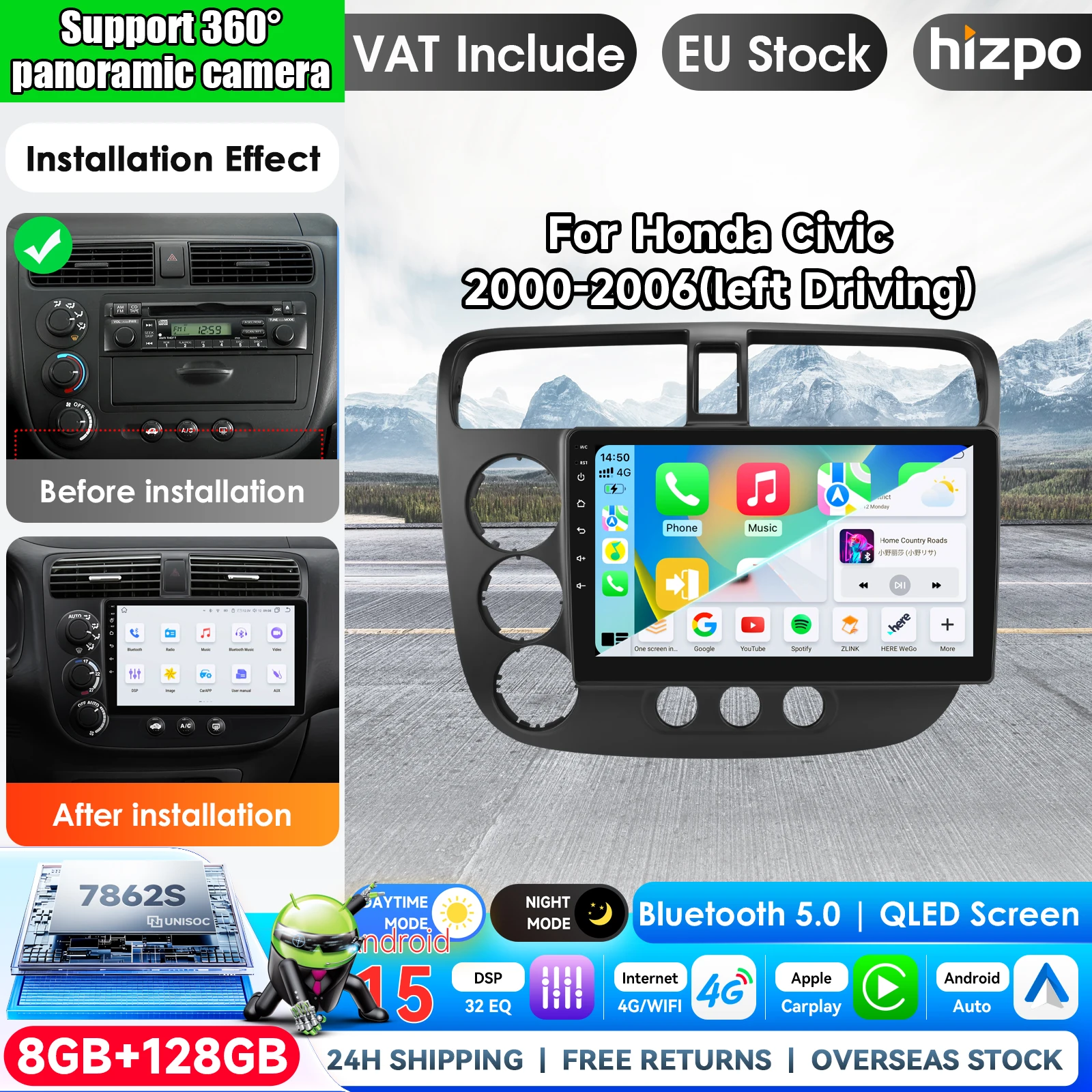 Autoradio pour Honda Civic 7 2000-2006, conduite à gauche, CarPlay sans fil, Android 15, lecteur multimédia vidéo et audio, GPS, navigation, DSP, BT, autoradio 2DIN, navigation GPS, systèmes intelligents AI, unité principale, autoradio, vidéo, stéréo, audio, écran tactile QLED, automobile