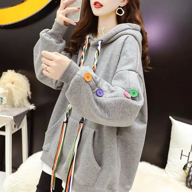 Women Clothing Korean Fashion Sweet Chic Buttons Design Oversize Hoodie Casual Streetwear Y2K Harajuku Fleece Hooded Sweatshirts