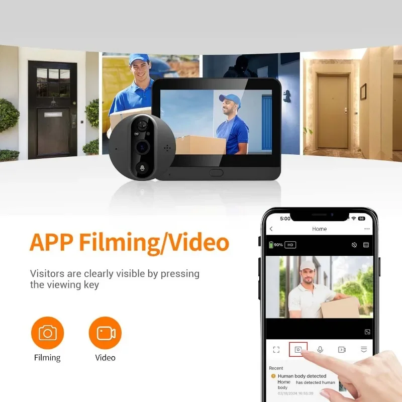 Smart Digital Door Viewer com filmagem de visão noturna, campainha WiFi, 4.3 na tela, suporte Tuya App, grande angular, PIR, 1080P, C89