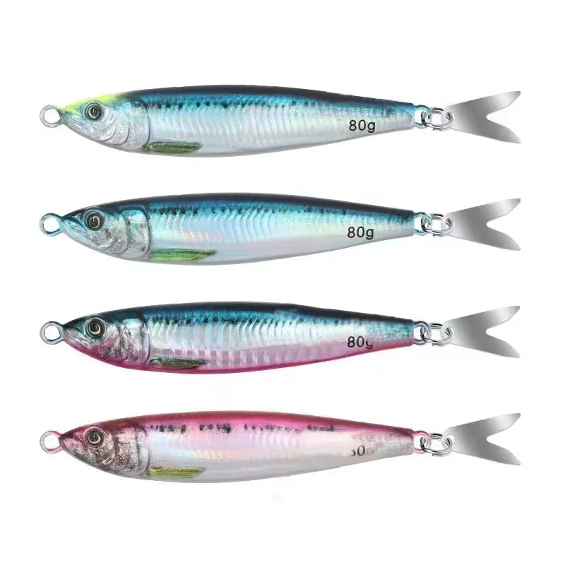 40/60/80g 3D Metal Jig Shore Jigging Saltwater Fishing Lure Drag Cast Hard Bass Spoon Bait Trout Lures For Tuna Mahi Marlin