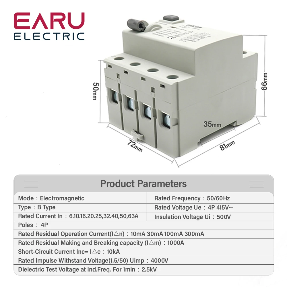 4P 10/30/100/300mA Electric Vehicle EV Charging Pile Residual Current Breaker DC RCCB RCD Type B 63A 6KA Din Rail Earth Leakage