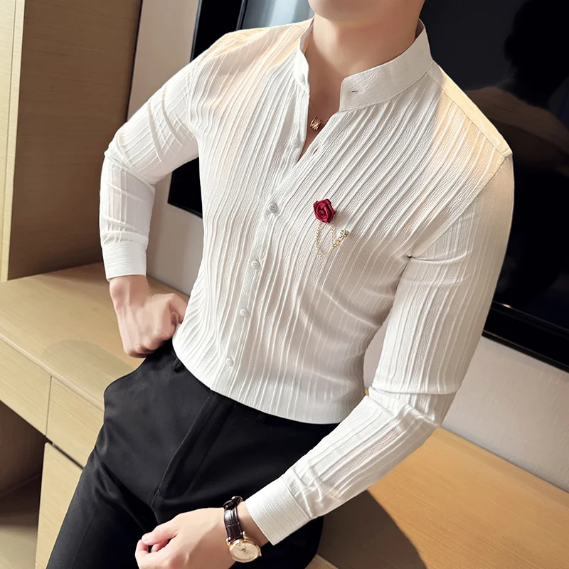 

Spring Fashion Man Brand Quality Social Striped Shirts Luxury Mens White Slim Fit Long Sleeve Dress Shirt Chemise Homme Techwear