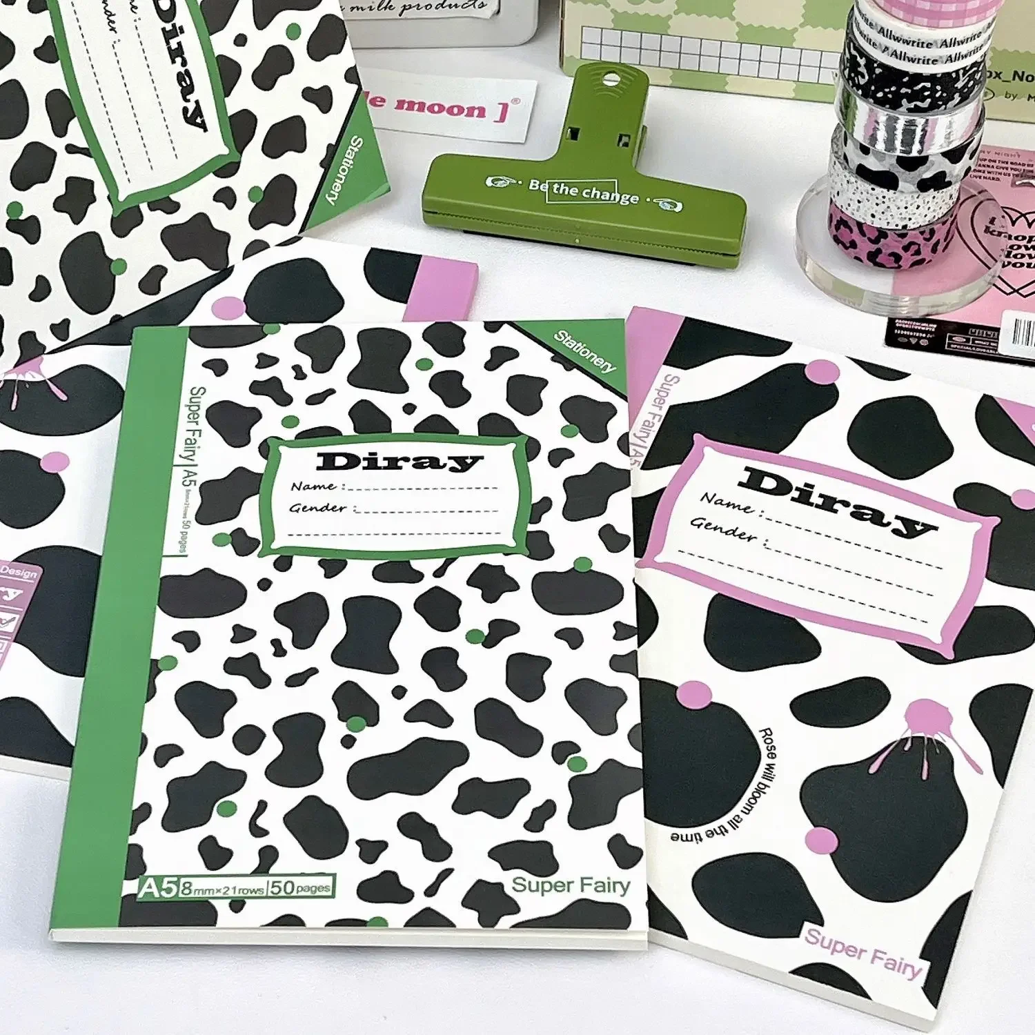 IFFVGX A5 50 Sheets Notebook Kawaii Checkered Lines Portable American Style Notebook Planner Retro Coil Cow Print Diary School