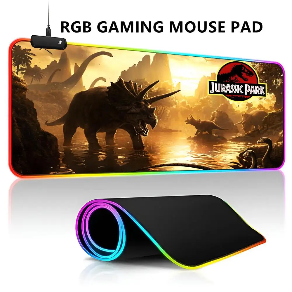 Jurassic Park Mouse Pad RGB LED Light Gaming Waterproof Large Gamer Mouse Carpet Big Mause Keyboard Pad PC Desk Play Mat with Ba