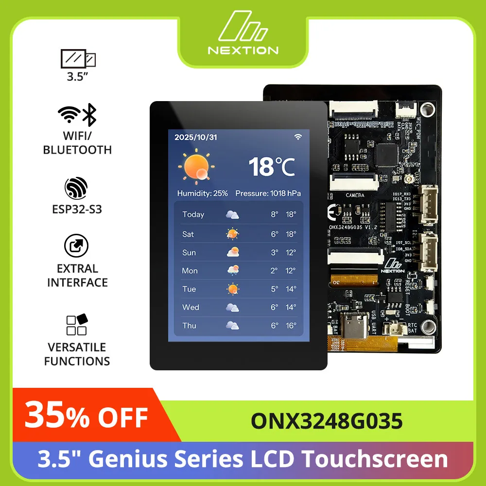 NEXTION ONX3248G035 3.5″Genius Series ESP32-S3 LCD Touchscreen Development Board CTP Touchscreen 2.4 GHz Wi-Fi Bluetooth 5 (LE)