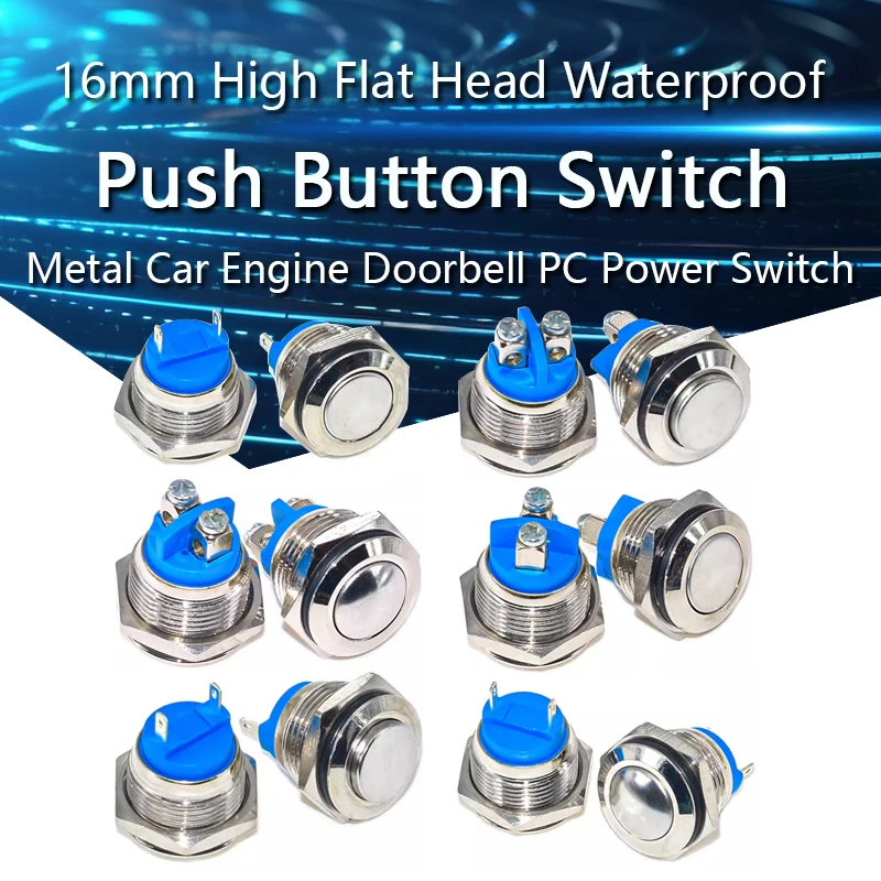 16mm 1NO High Flat Head Waterproof Momentary Reset Metal Push Button Switch Screw Terminal Car Engine Doorbell PC Power Switch