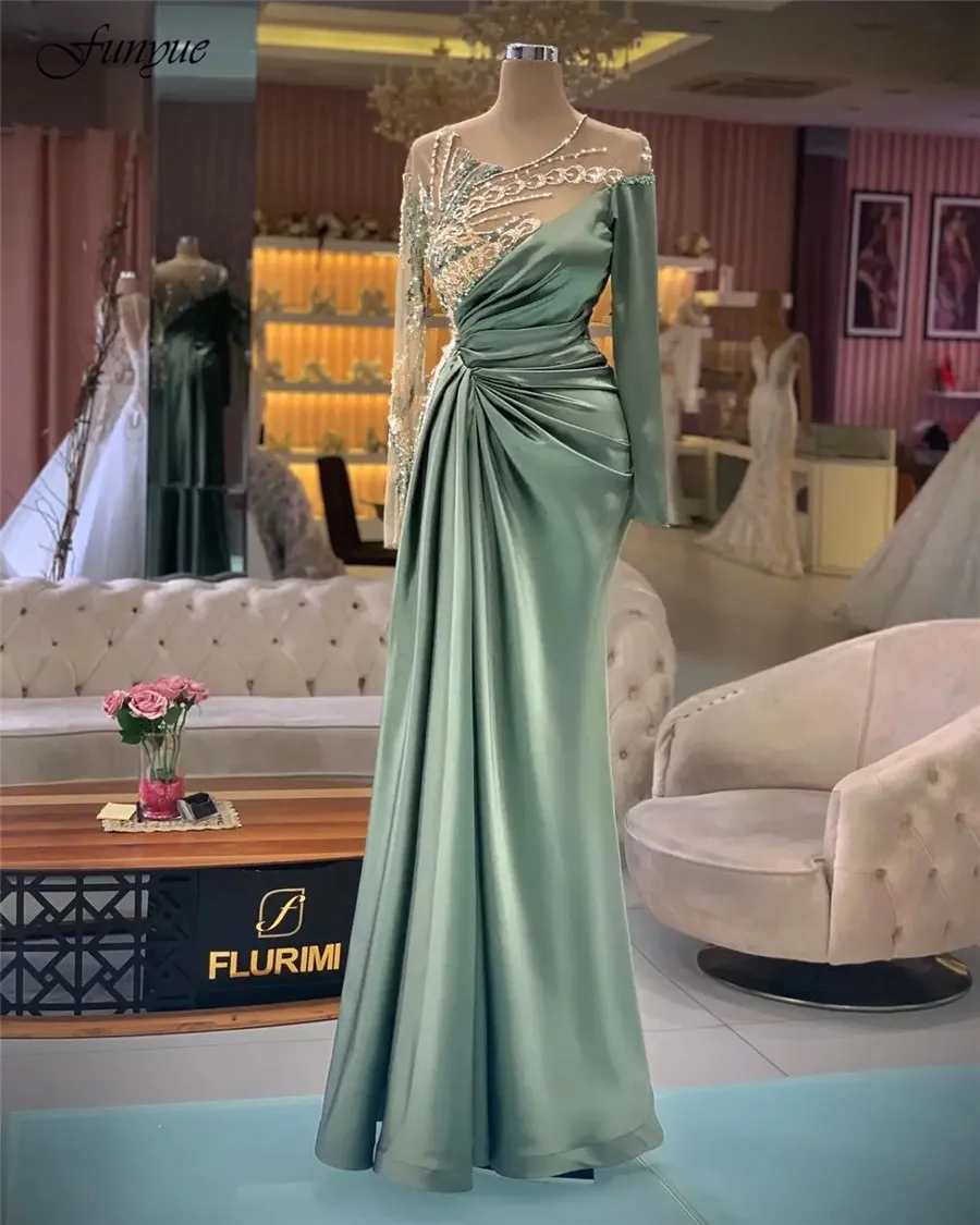 Funyue Mint Green Evening Dresses Mermaid Pleated Prom Gowns Lace Appliques Beading Long Sleeve Formal Dress Women Elegant