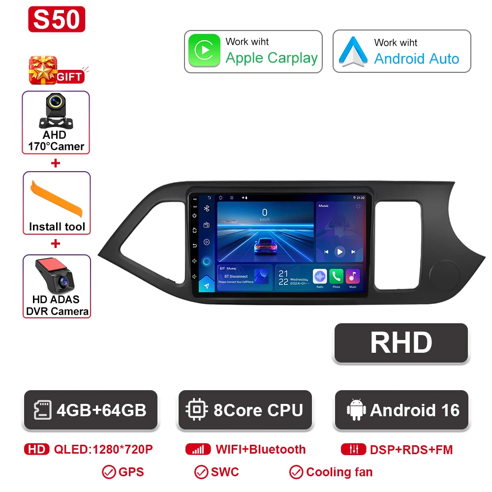 Android 16 Voor KIA PICANTO Ochtend 2011 2012 2013 2014 2015 2016 Carplay Auto Multimedia Autoradio Navigatie Speler WIFI + 4G DSP