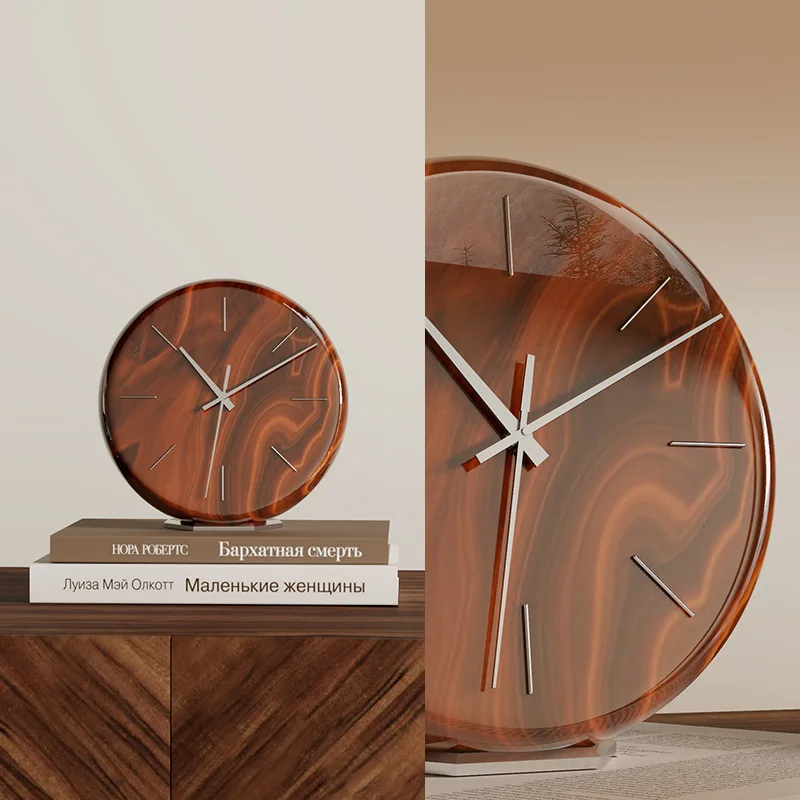 Natural Wood Color Resin Silent Desk Clock Bookshelf Ornament Modern Wood Grain Glimmer Clock Craft Interior Aesthetic Decor
