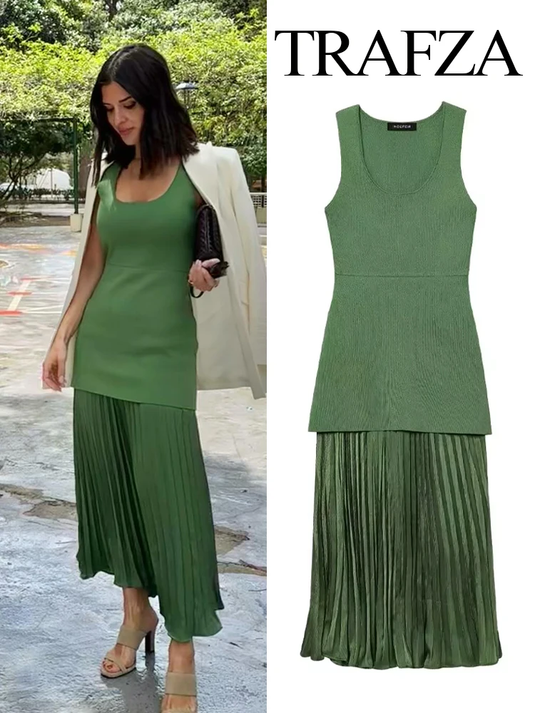 

TRAFZA Woman Splicing Pleated Decoration Slim Beach Party Dress Women New Fashion O-Neck Sleeveless Solid Elegant Midi Dresses