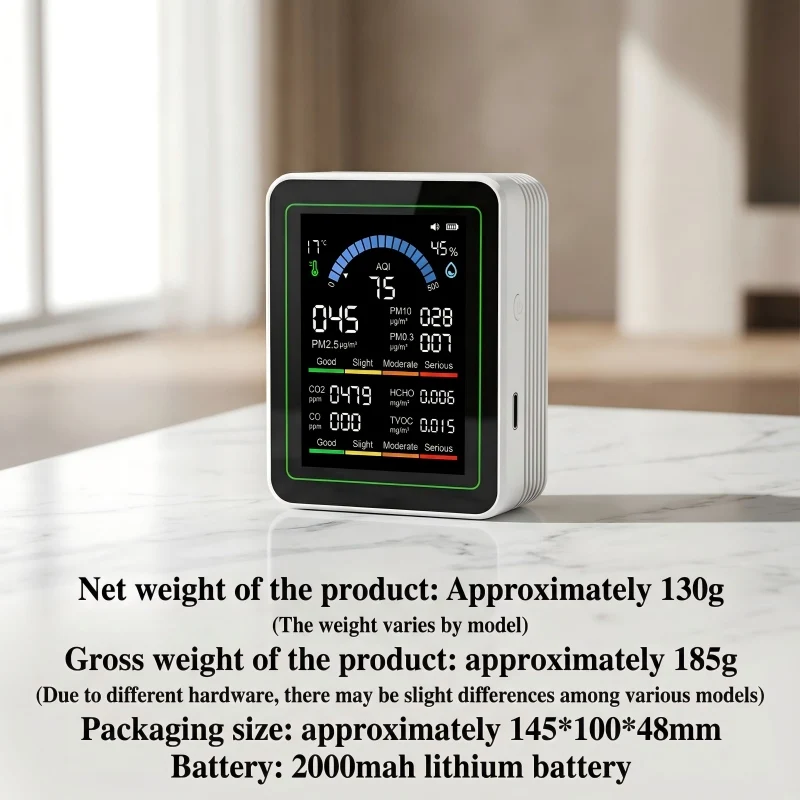 Home Carbon Monoxide Detector CO2 Air Quality Monitor 10-in-1 Dioxide Formaldehyde Temperature and Humidity, 1PC