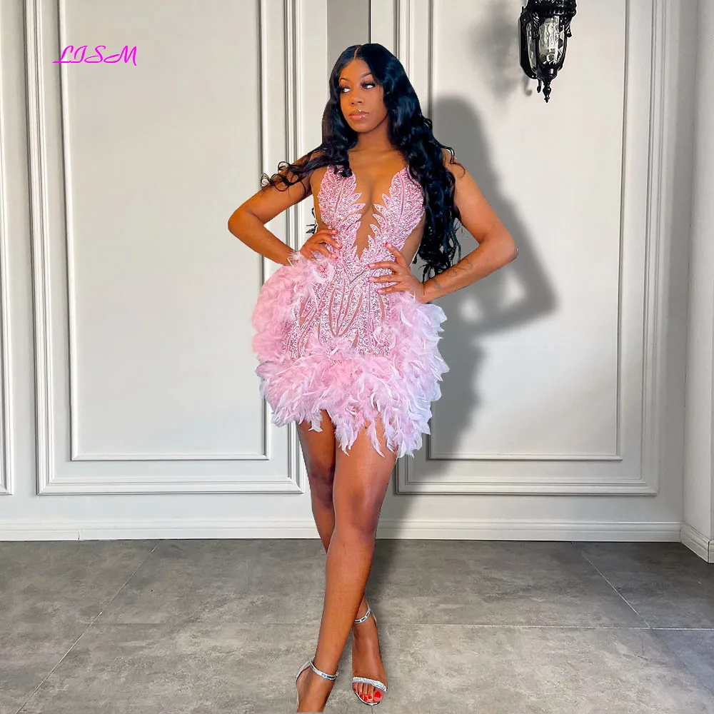 LISM Luxury Pink Feather Short Prom Dresses Black Girls Sexy Sheer Neck Beaded Mermaid Mini Cocktail Gowns for Birthday Party