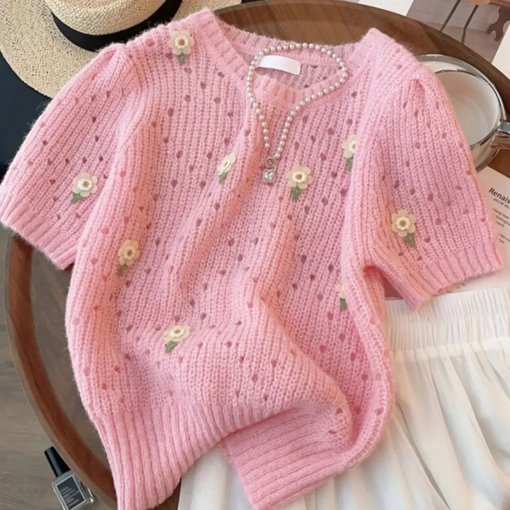 2024 Summer New Sweaters Women\'s O Neck Jacquard Pink Pullovers Fashion Loose Short Sleeve Knitted Tops Ladies Elegant Knitwears