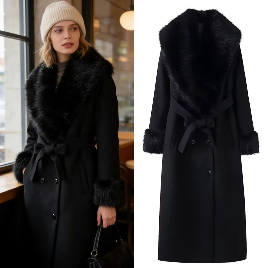 

Women's High-End Elegant Coat Winter Fashion Casual Large Fur Collar Jacket Long Sleeve Waist-Fitted Double-Breasted Outwear