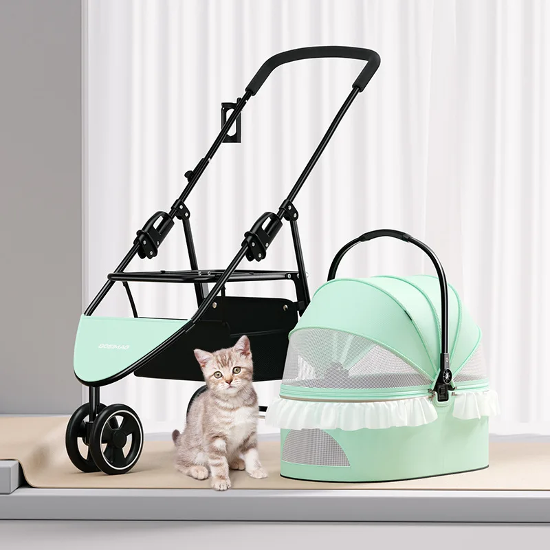 Modern pink pet cart with DIY lace trim, detachable cockpit, 2-in-1 cat and dog travel bag, foldable