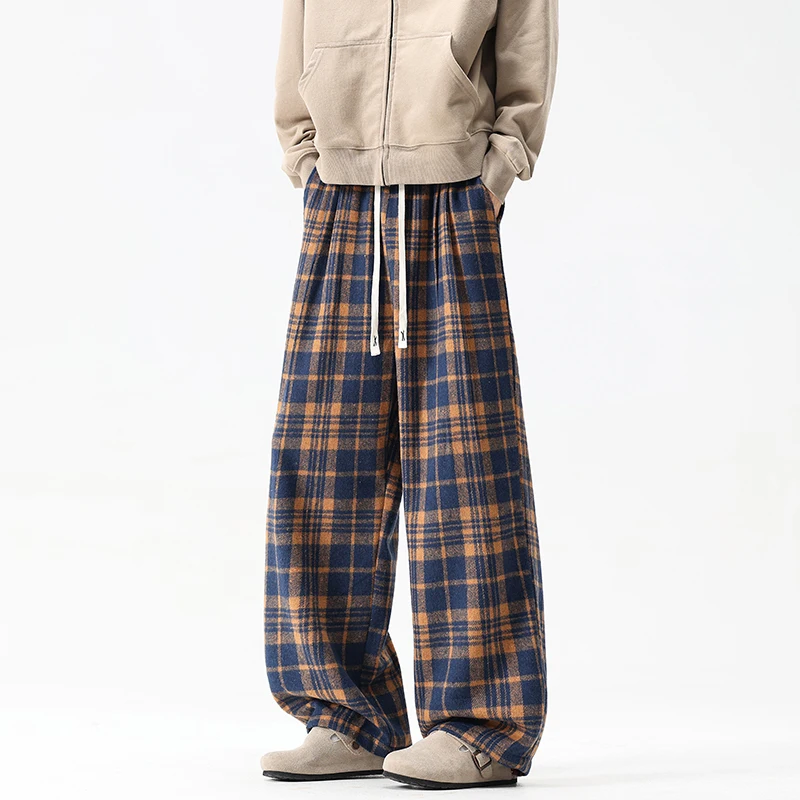 

Autumn Thick Pants Men Warm Fashion Retro Plaid Pants Men Streetwear Loose Wide Leg Pants Mens Oversized Vintage Trousers M-3XL
