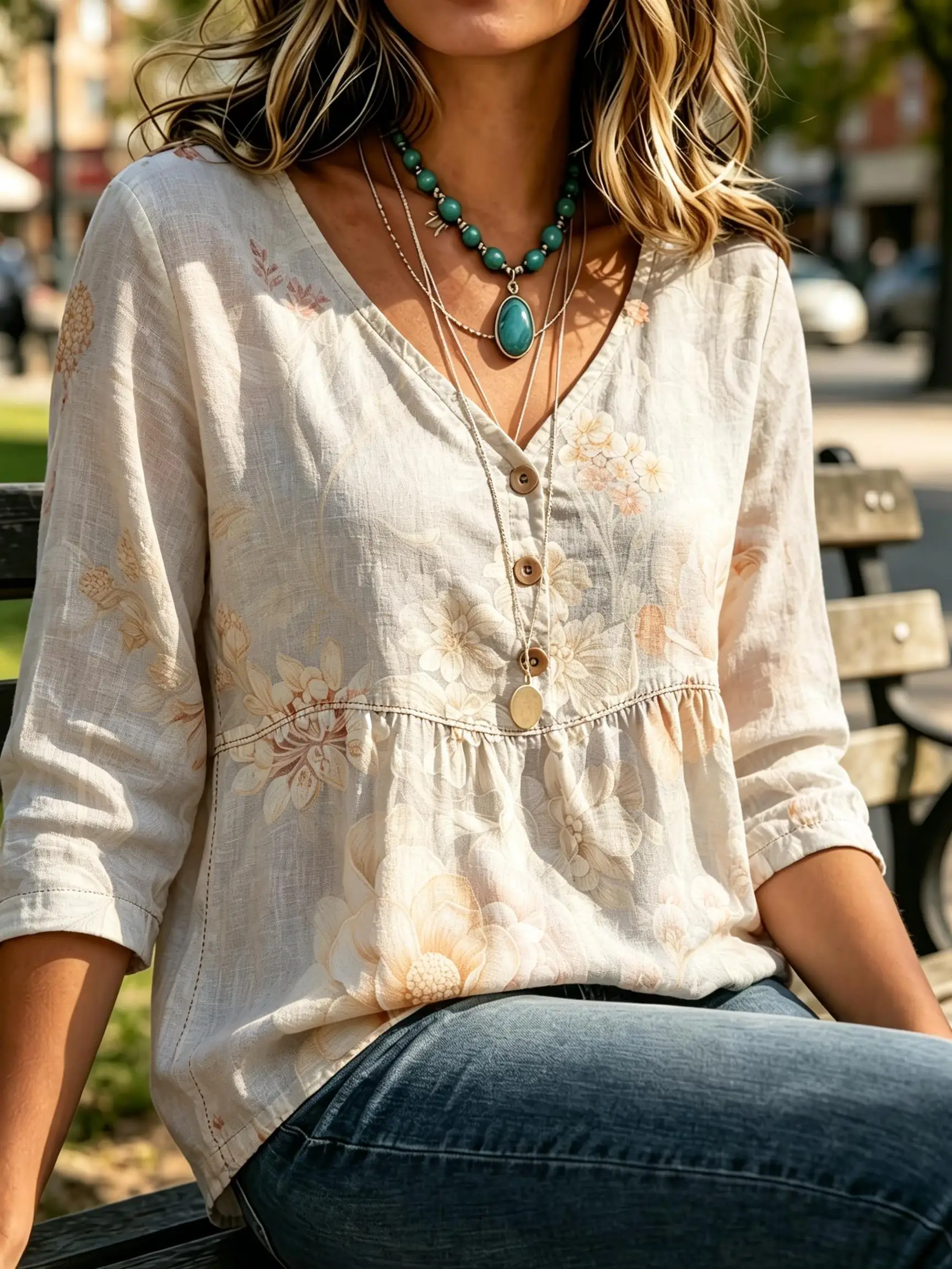 Babydoll Feminina Fundo Azul Estampa Branca Jasmim Suave Floral Campestre Tribal Asteca Túnica Solta Decote V
